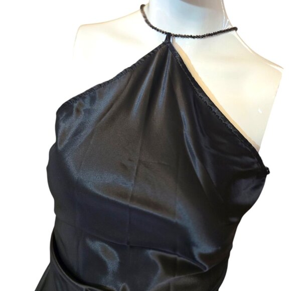 Black Satin Halter Mini Slip Dress with Beaded Strap sz M - Picture 2 of 7